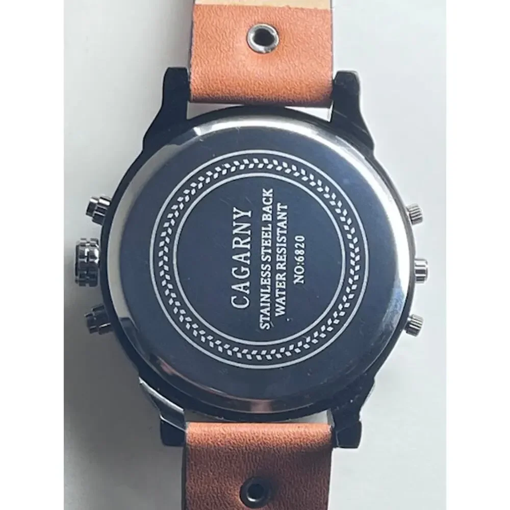 Cagarny Double Time Watch Quartz 6820 Tan Leather Band Water Res Military 52mm